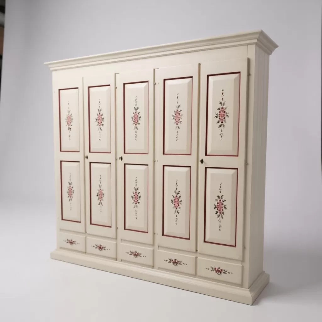 Armadio shabby 5 porte legno bianco anticato decorato filo marrone 254x61x240 - Mobili 2G