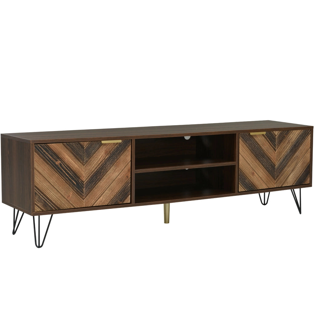 OKWISH Mobile TV con 2 Ante e 2 Vani, Maniglie Dorate e Gambe in Ferro, Naturale, 155×38×48 cm