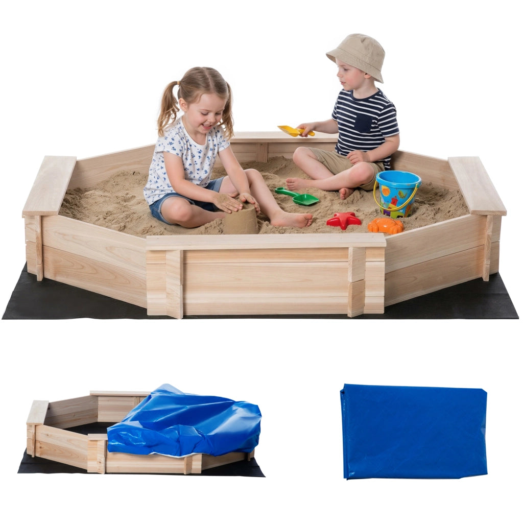 Casetta Sabbiera per Bambini con Sedili e Copertura ¨C zephmum ¨C Legno Naturale 140x140x22
