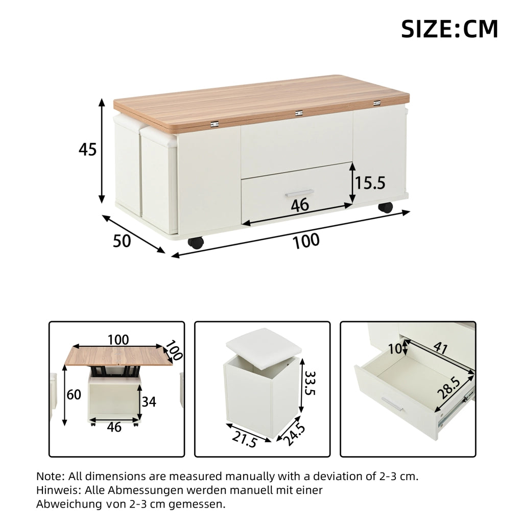 TAVOLO da caffè sollevabile 100x50 cm Bianco e effetto legno con 4 sgabelli