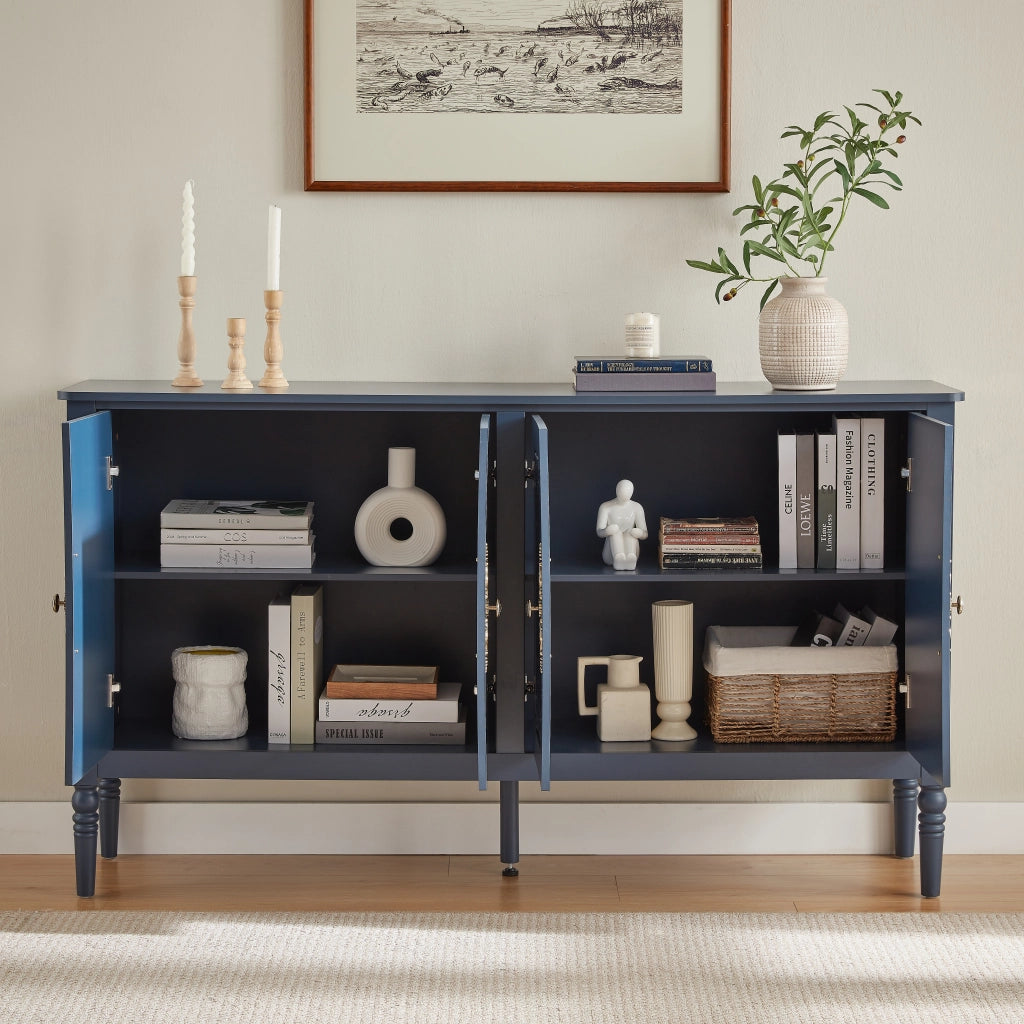 Credenza con ante a rilievo retrò e gambe tornite blu navy 160 × 40 × 89 cm