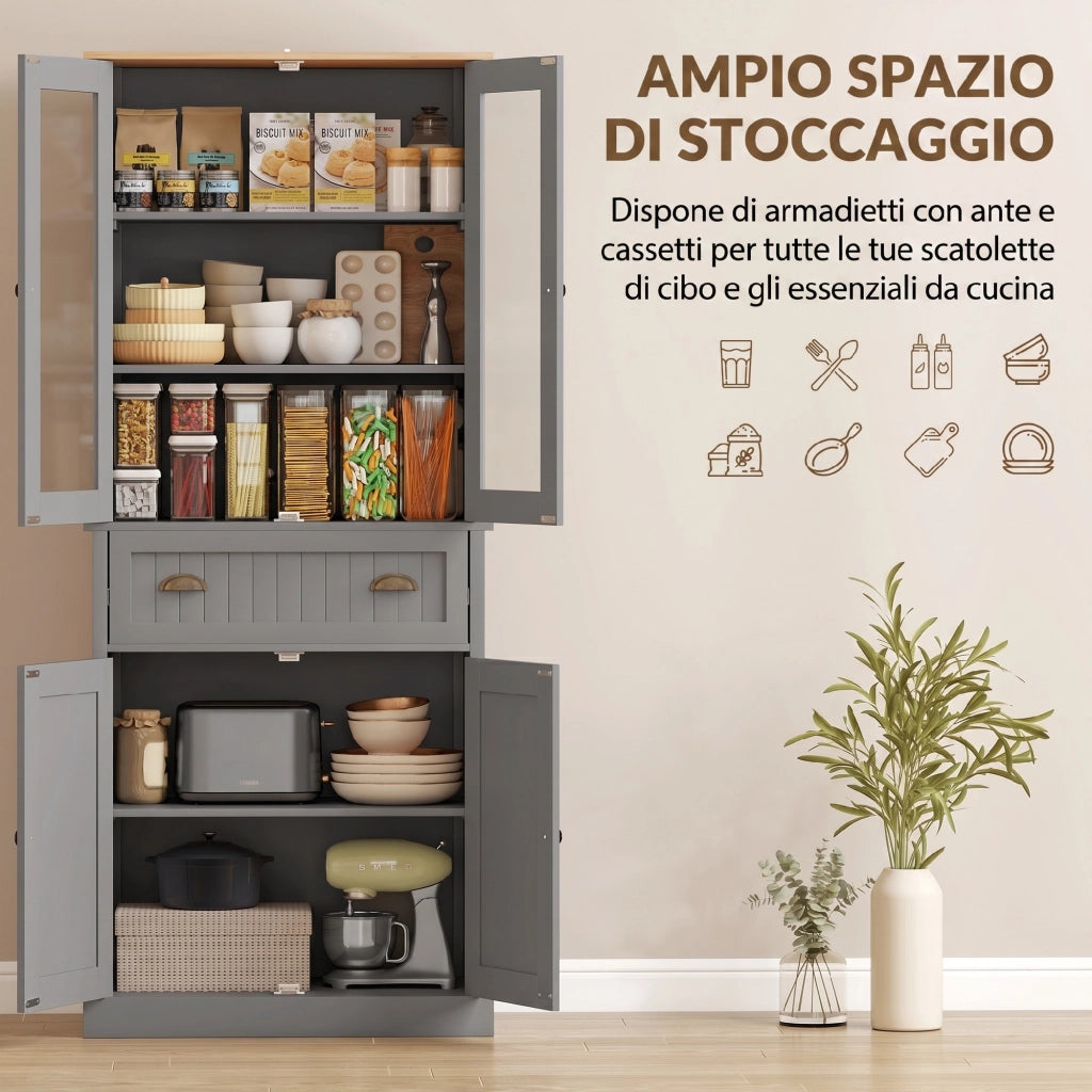 Mobile Dispensa a 5 Livelli con Cassetto Centrale 76x40x182,5 cm in MDF e Truciolato Grigio