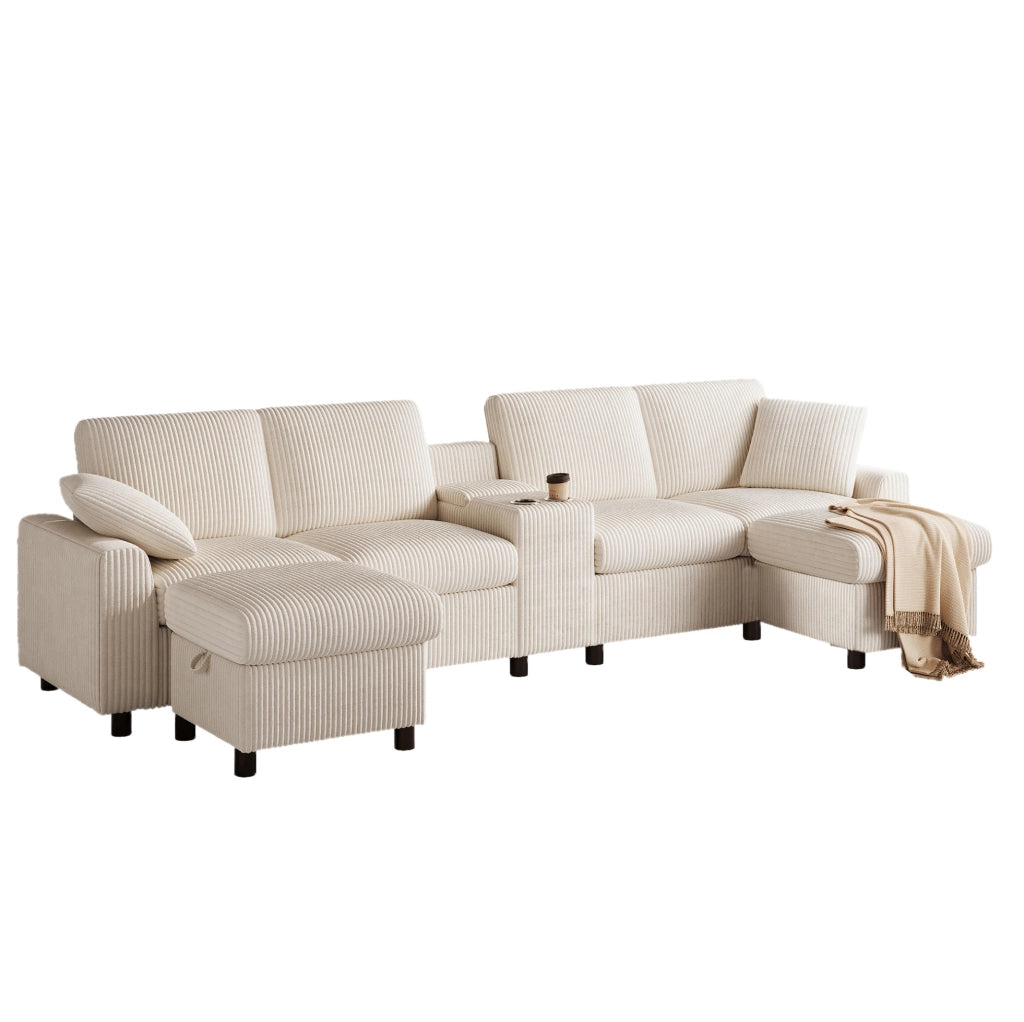 Divano a U in velluto a coste con 2 pouf contenitore; tavolino; USB; Type-C e prese; beige