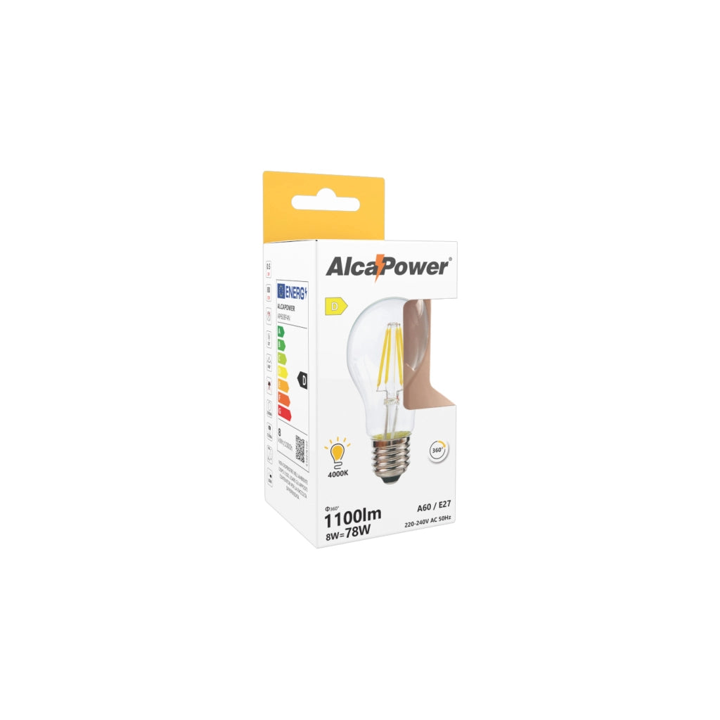 Alcapower Lampadina LED Filamento A60 E27 8W 1100lm 4000K Luce Naturale Trasparente, Alta Efficienza Energetica Classe D, Vetro ad Alta Resistenza