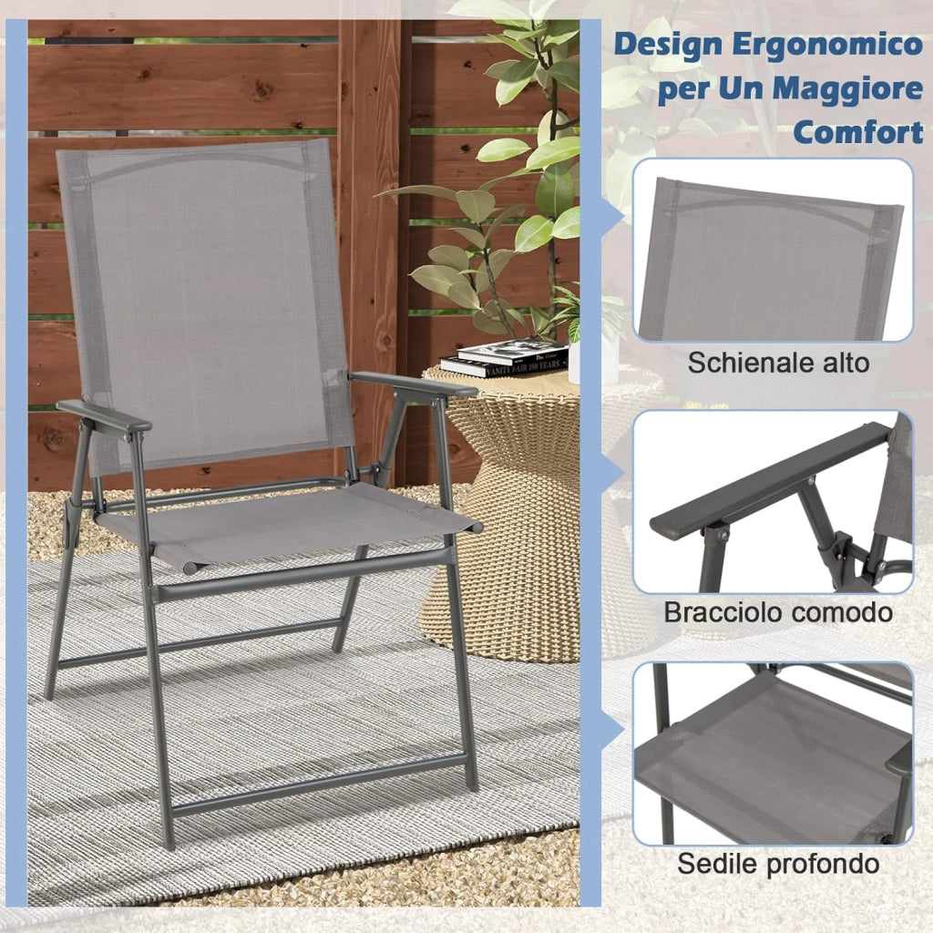 Set di 2/4 Sedie Pieghevoli da Giardino in Textilene, Sedie da Esterno con Schienale Alto, Poltrona Portatile per Giardino Campeggio Patio, Portata 150 kg (4, Grigio, 62 x 58 x 96 cm)