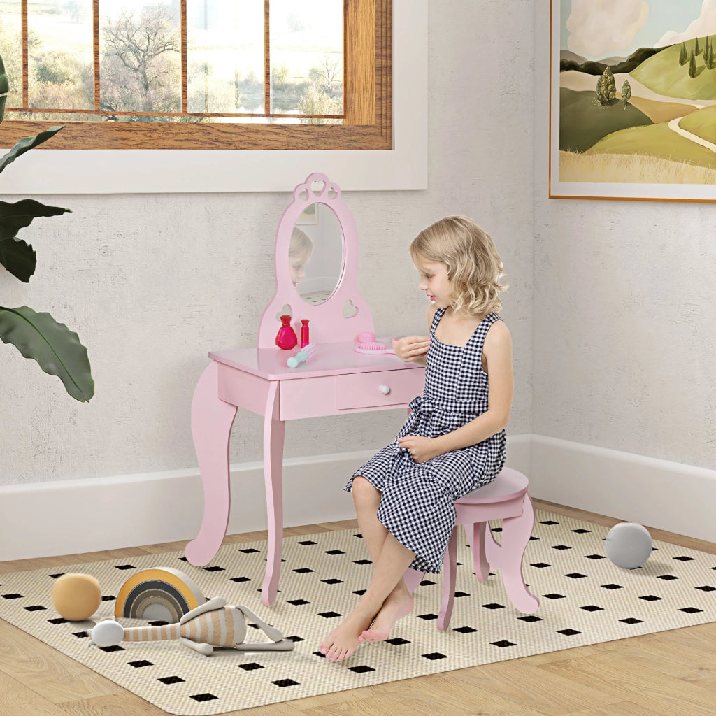 Tavolo Trucco per Bambini con Sgabello ¨C zephmum ¨C Legno, Rosa, 60x36x88cm