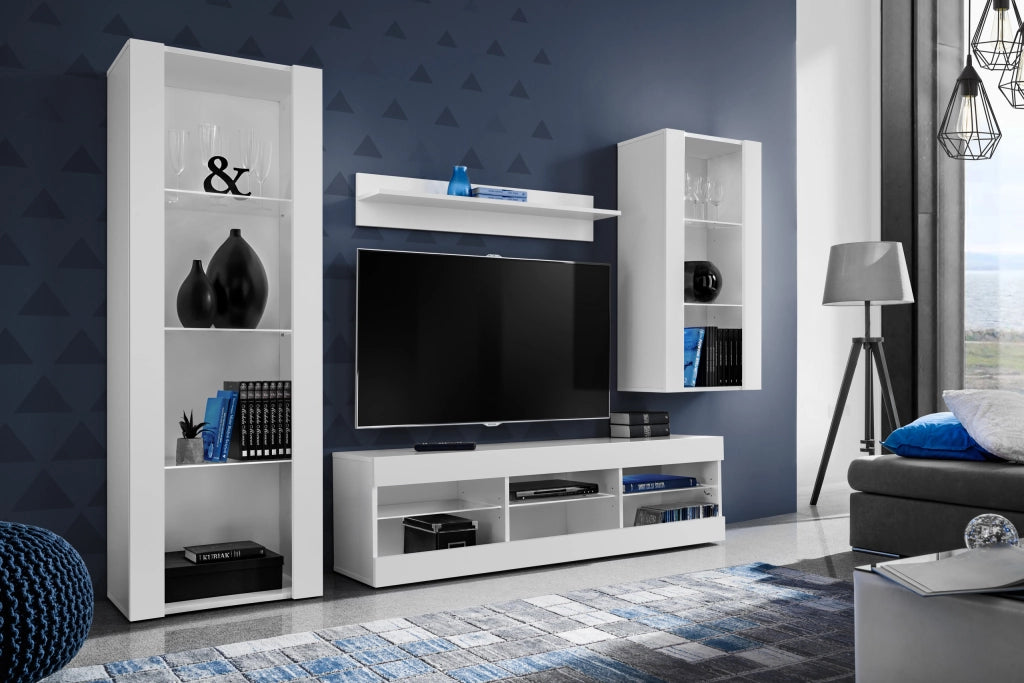 Set Di Mobili Porta TV Tivoli Medio, Komodee, Bianco/Bianco, Senza LED, Larghezza 245 cm x Altezza 159 cm x Profondità 35 cm, Per soggiorno, Camera da letto