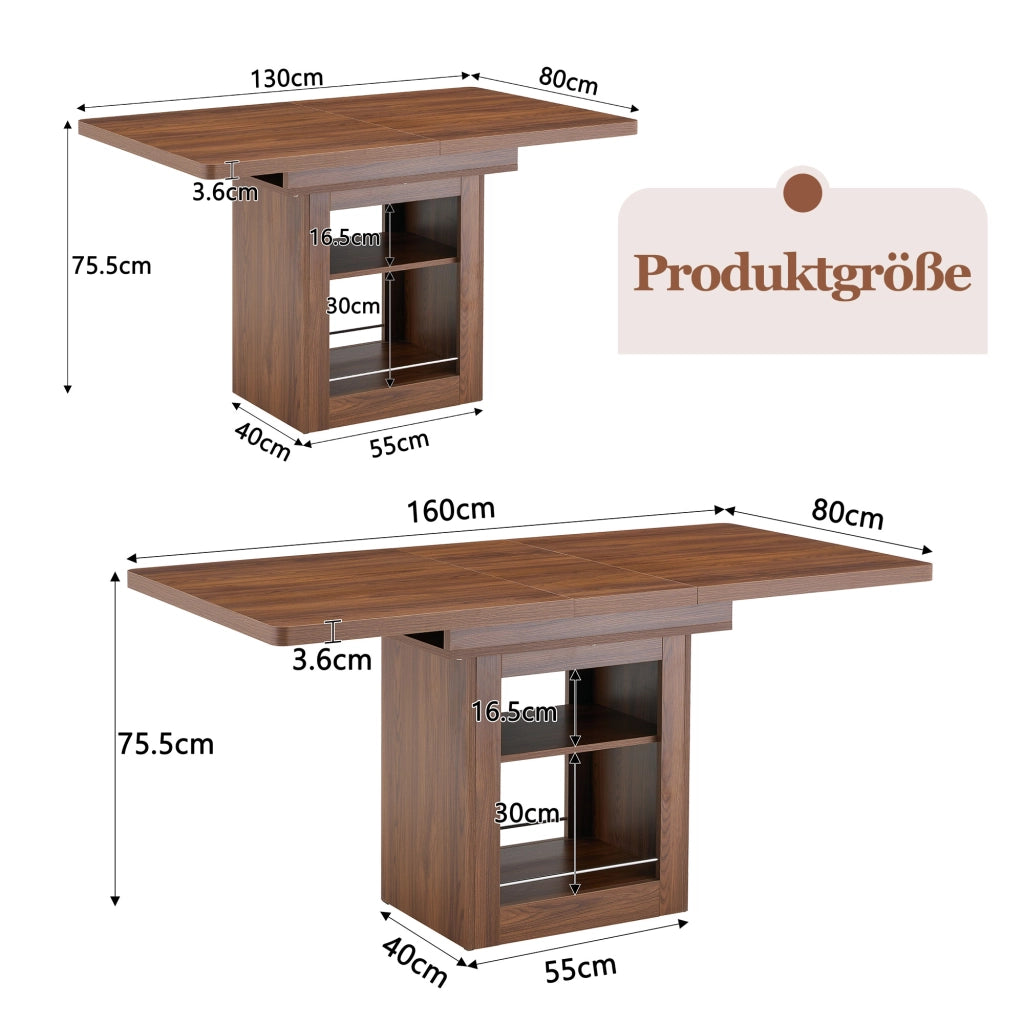 Tavolo allungabile con ripiano integrato e guide metalliche, per cucina e sala da pranzo, in MDF, noce