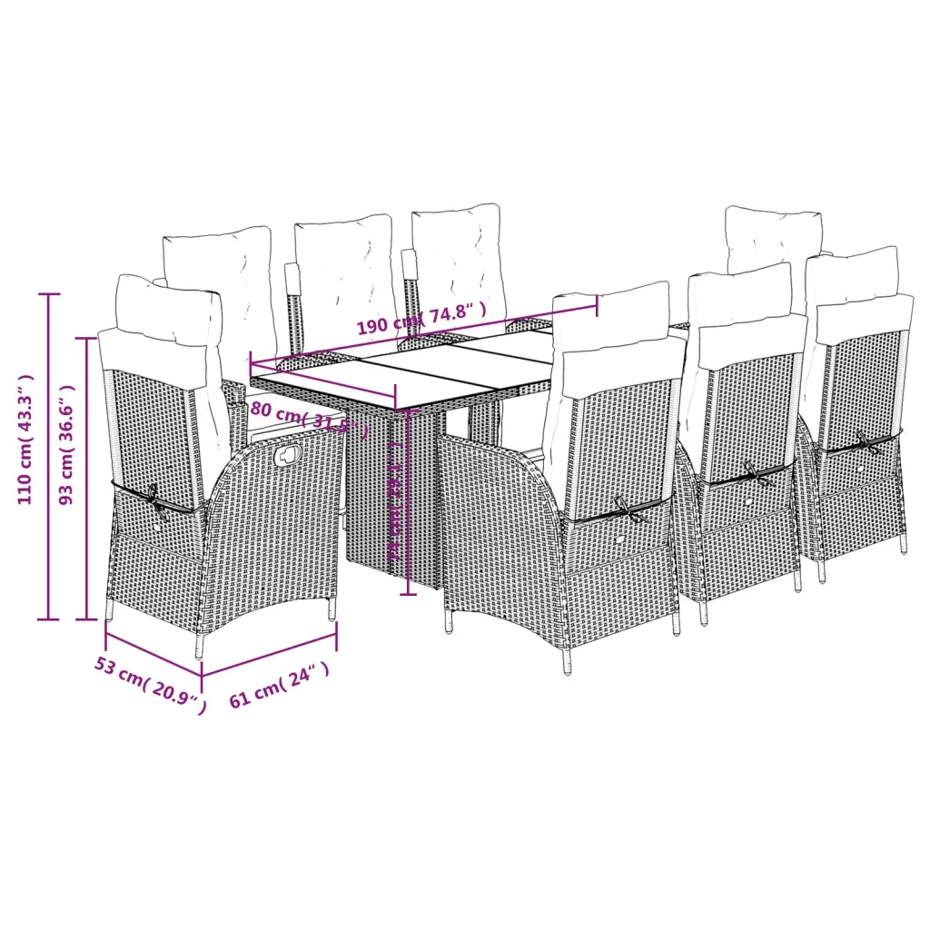 Set da Pranzo da Giardino 9 pz con Cuscini in Polyrattan Grigio