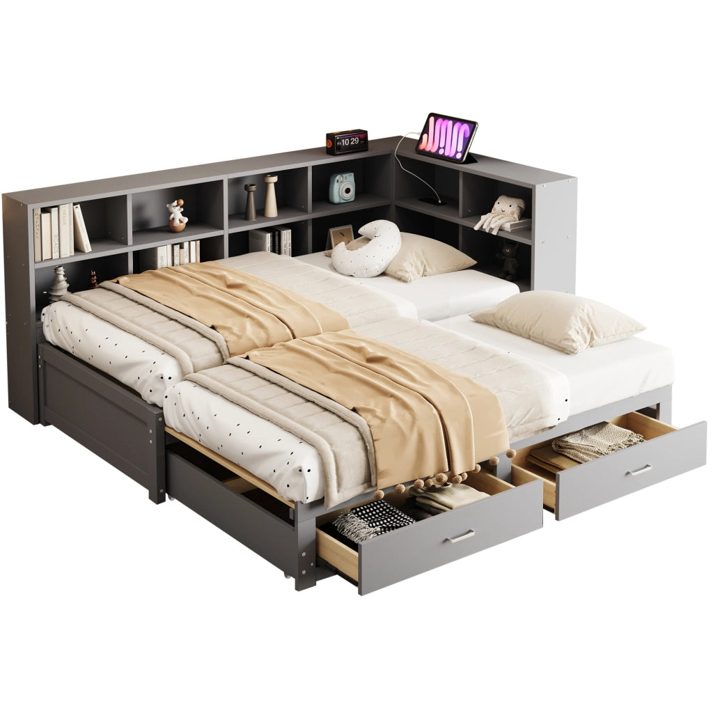 Letto multifunzione 90/180x190 cm con contenitore; prese multifunzione e cassetti in legno grigio