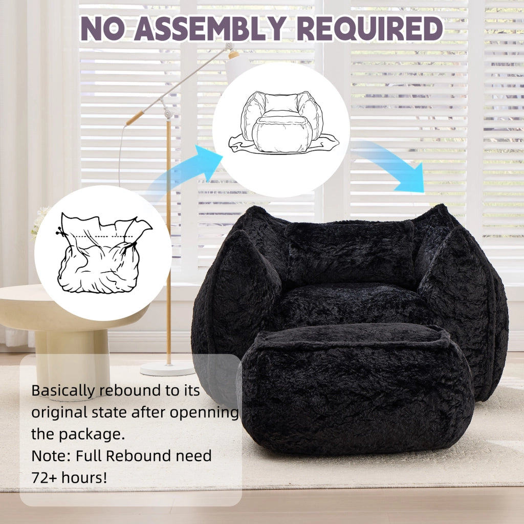 Pouf poltrona in pelliccia sintetica con poggiapiedi, schienale ergonomico e imbottitura in schiuma, nero