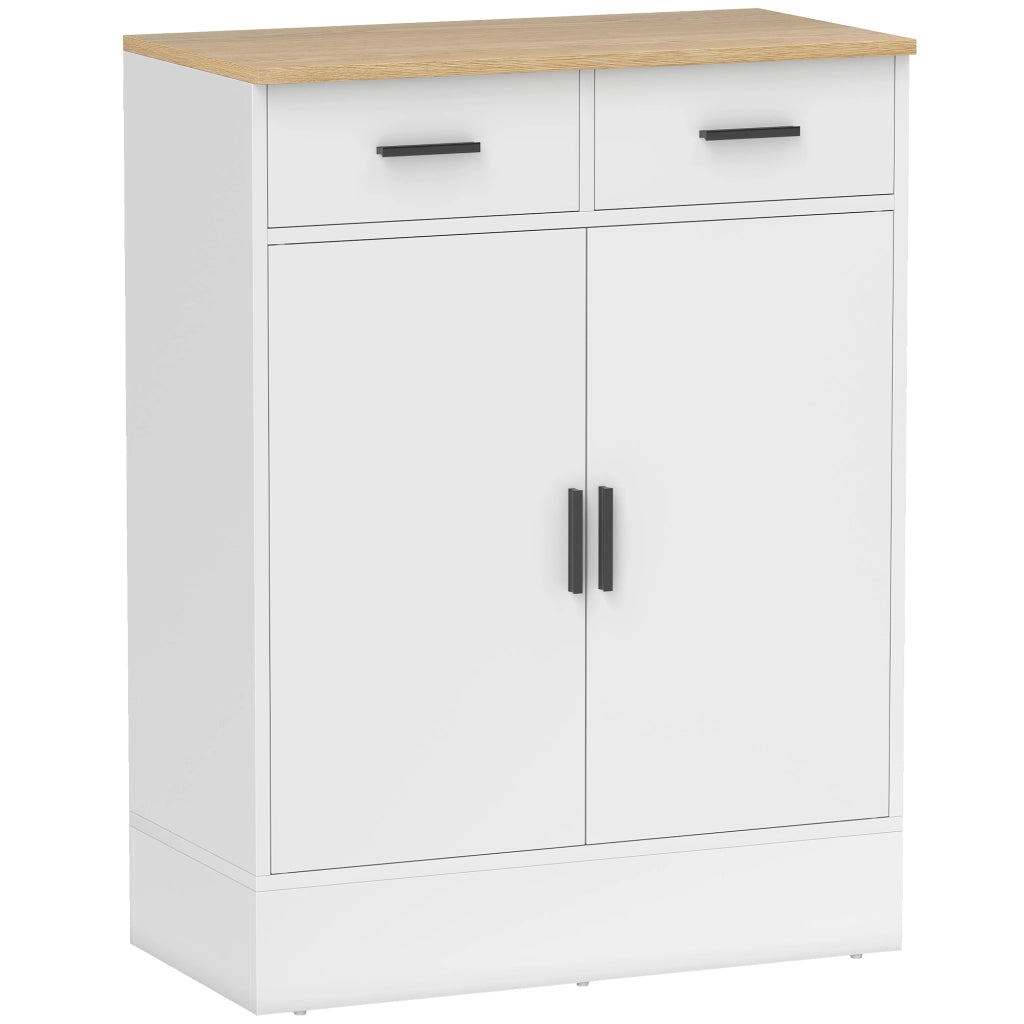 Credenza Moderna 68,6x35x90,3A cm 2 Cassetti e Armadietto 2 Ante Ripiano Interno Regolabile Bianco e Legno