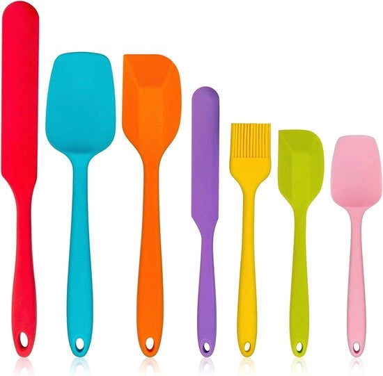 Set di spatole in silicone, 7 pezzi, resistenti al calore, schiaccia pasta per cucina, per cuocere e dosare quantità, senza giunzioni e flessibili, antiaderenti e lavabili in lavastoviglie.