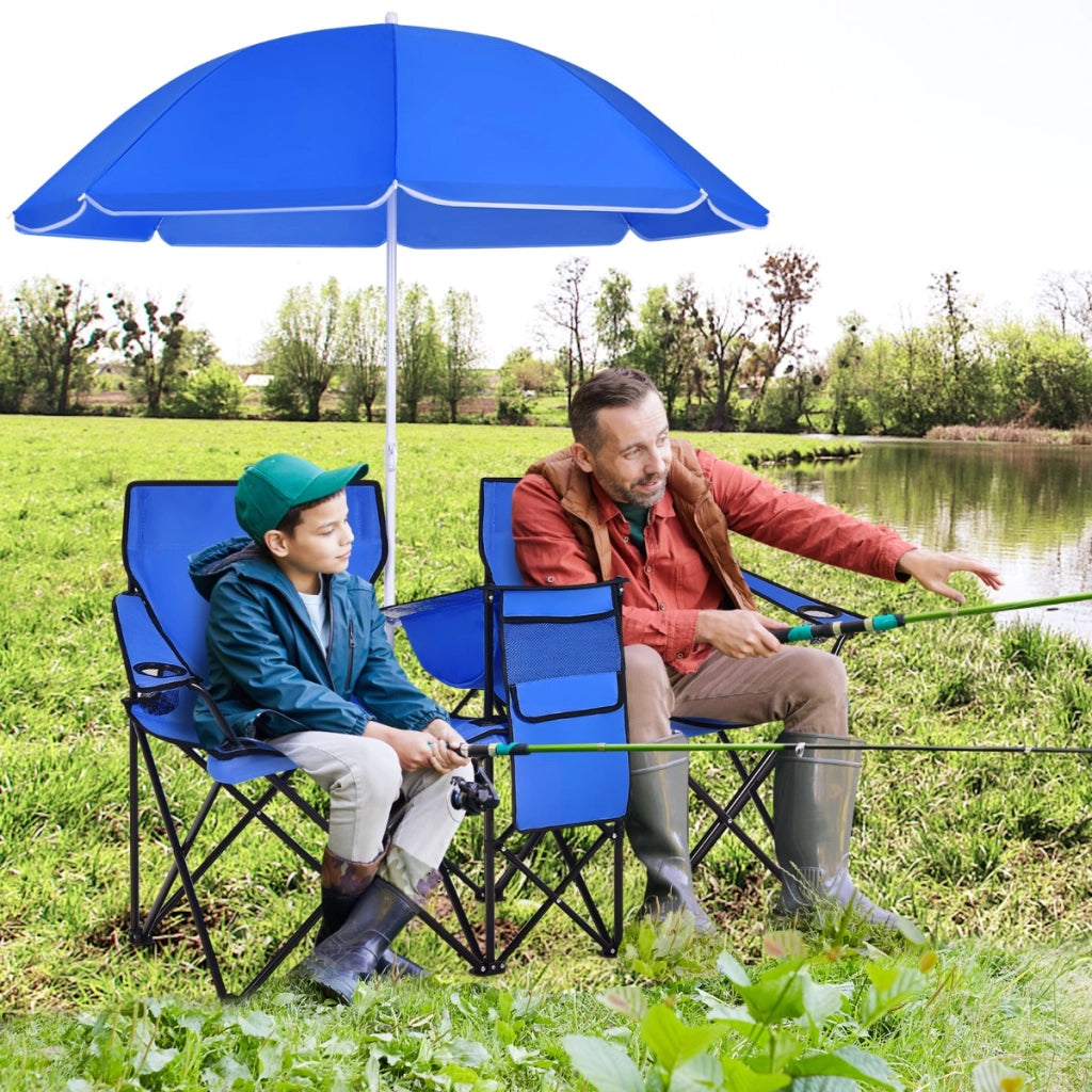 Sedia da picnic in acciaio portatile e pieghevole-Sedia da esterno con ombrellone mini tavolo porta bevande Blu