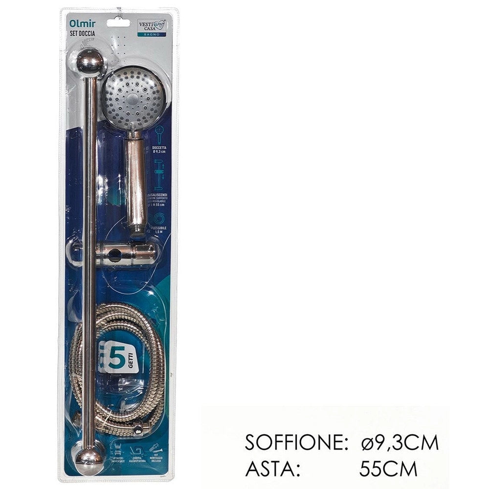 Trade Shop - Set Doccia Con Asta Saliscendi Soffione Doccetta 5 Getti D'acqua Tubo Flessibile Da 1,5mt -