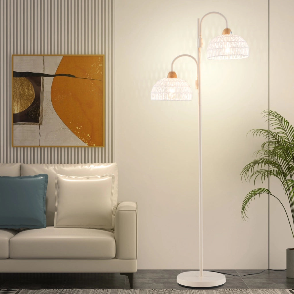 Lampada da terra a 2 luci con interruttore a pedale paralumi intrecciati, Lampada ad albero rotante a 350¡ã Bianco-Lampade