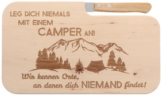 Tavolo da snack in legno con coltello e incisione "Non fare la spia a un campeggiatore" | Ideale regalo per gli amanti della natura e dei campeggi.