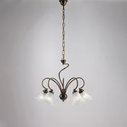 Lampadario 5 Luci Alice Ferro Battuto Marrone E Oro Vetro Bianco