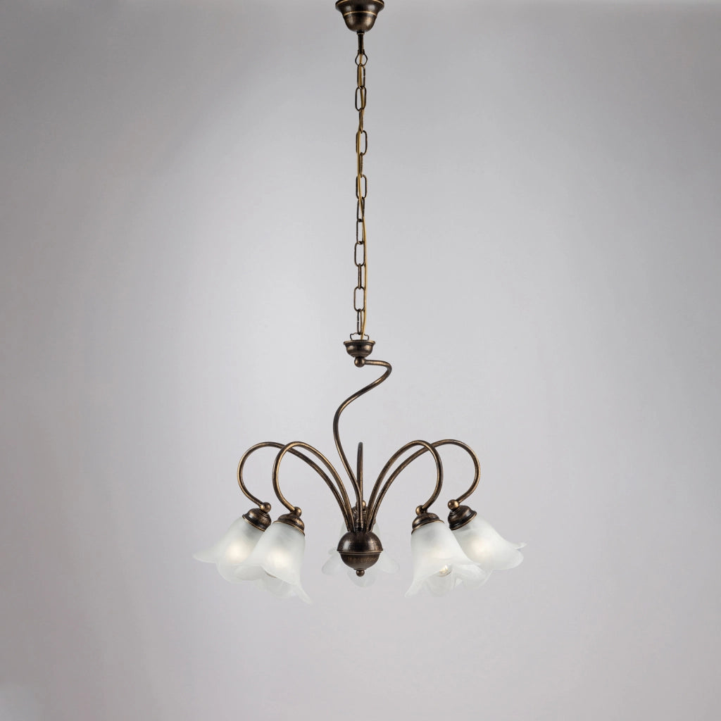 Lampadario 5 Luci Alice Ferro Battuto Marrone E Oro Vetro Bianco