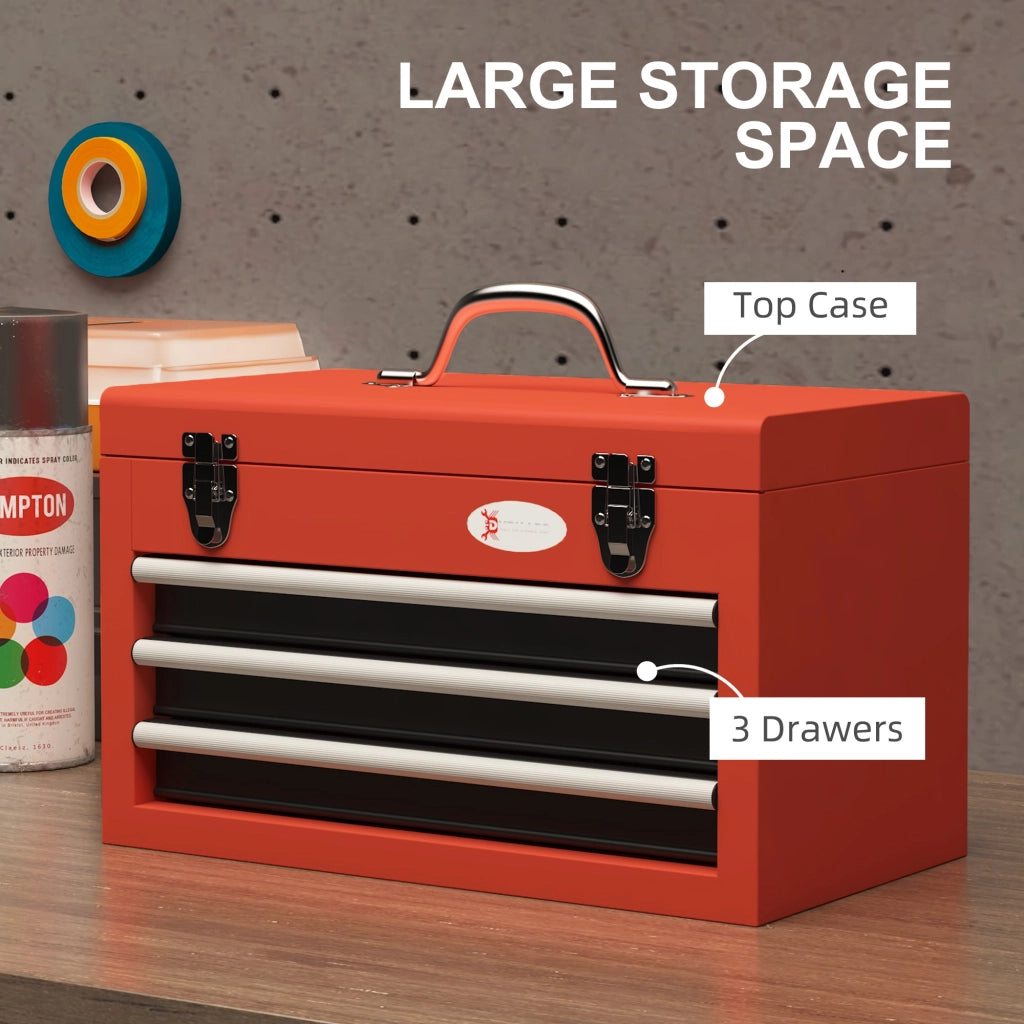 Cassetta Porta Attrezzi con 3 Cassetti e Vano Superiore con Maniglia 45x24x27 cm in Acciaio Rosso