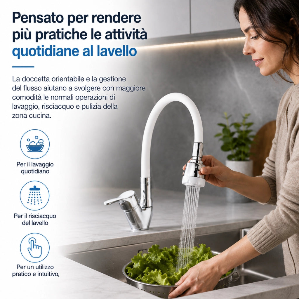 Rubinetto Cucina Doccetta 2 Getti Tubo Girevole Flessibile Silicone  Bianco