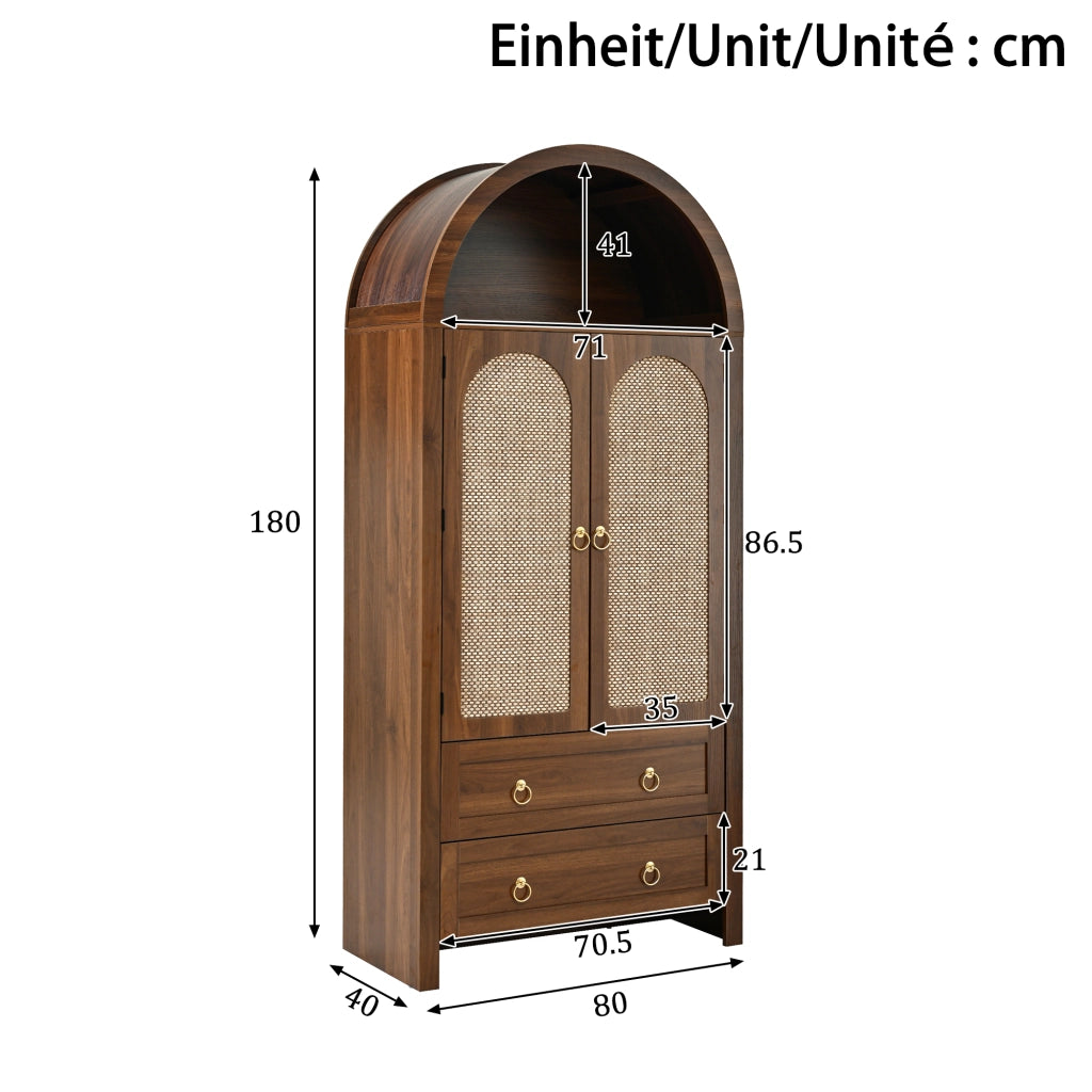 Credenza con 2 Cassetti e Ante in Rattan; Ripiani Regolabili; Stile Vintage; in MDF; 80??40??180 cm; Noce