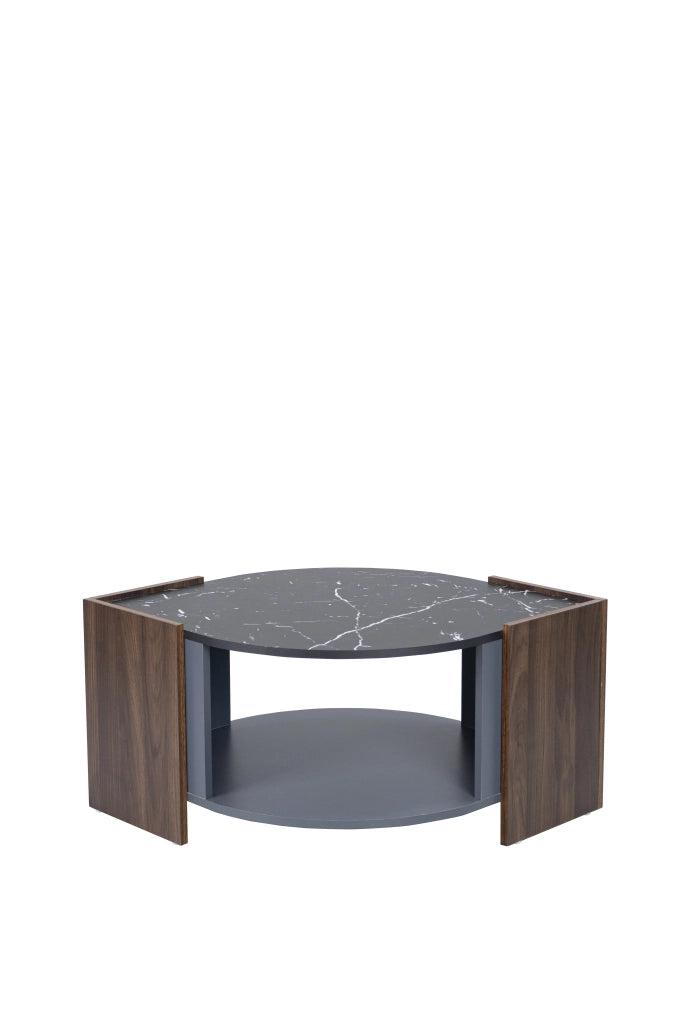 Tavolino da Salotto con 1 Vano a Giorno; Effetto Marmo Nero e Noce; Linee Grafiche; in Pannello Truciolare; 96;5×63×40 cm