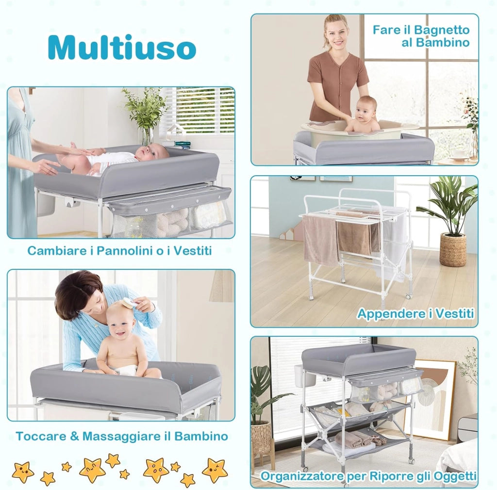 Fasciatoio Pieghevole Neonato, Fasciatoio Portatile con Altezza Regolabile, Comodino per Pannolini con Ruote di Bloccabili, 2 Ripiani, Porta Asciugamani, Cestino di Rifiuti (Grigio)