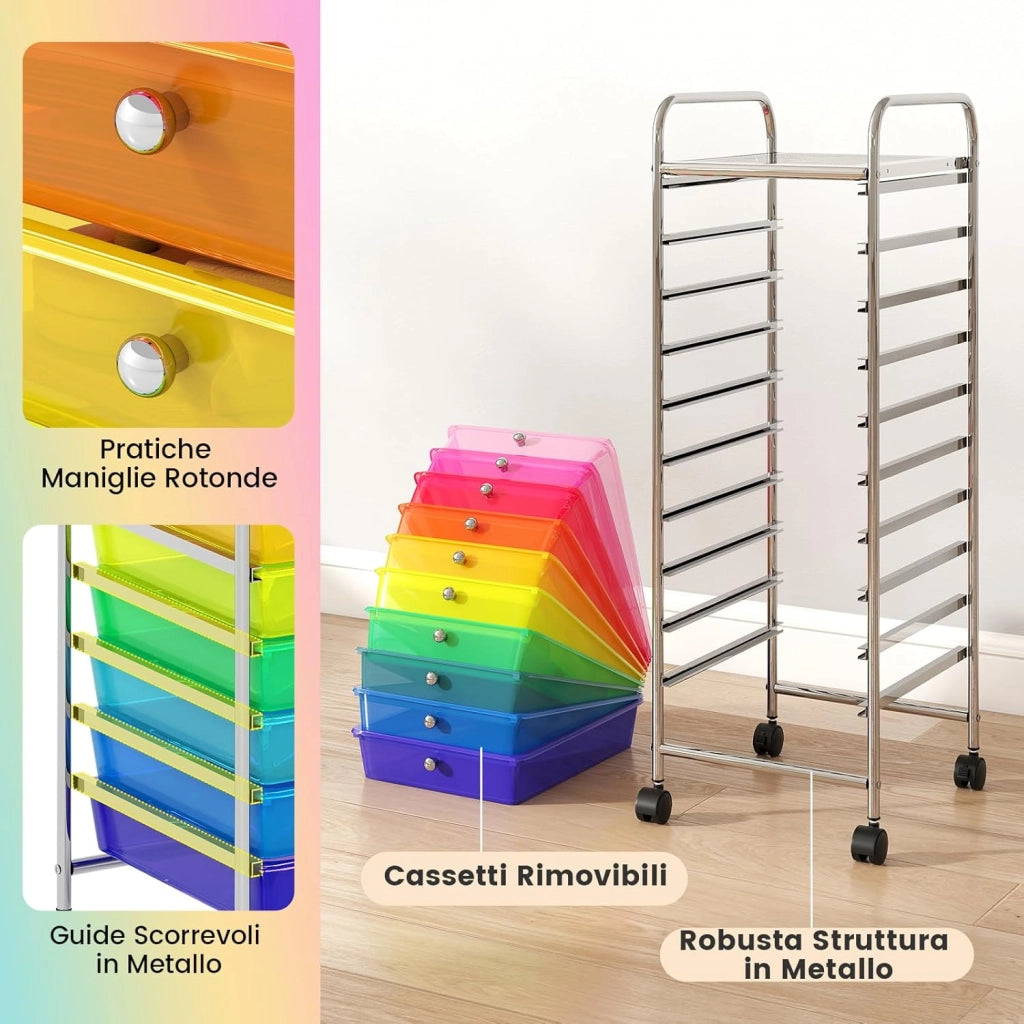Carrello Portaoggetti con 10 Cassetti, Cassettiera con Ruote, Struttura in Metallo, Ruote Universali Bloccabili e Maniglia, Carrello Organizer per Casa, Ufficio (39 x 32 x 97 cm)