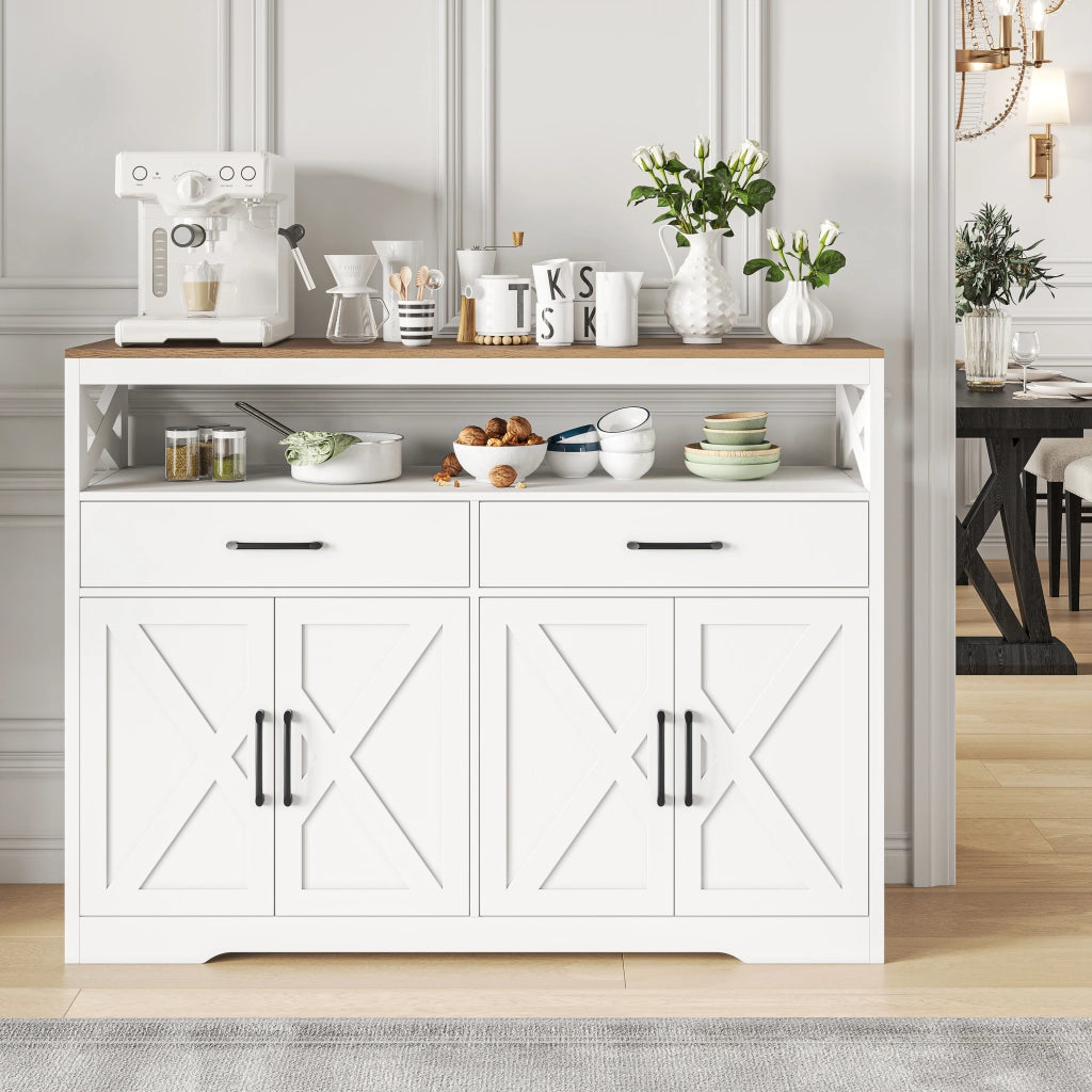 Credenza da cucina 140cm, mobile credenza bianca top effetto legno, 2 cassetti e 4 ante, in legno composito, mobile dispensa salvaspazio per soggiorno cucina