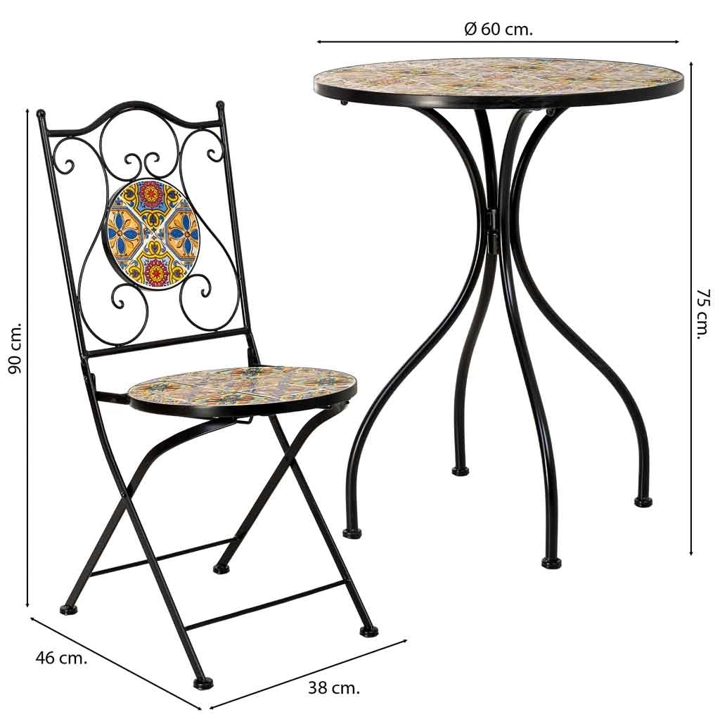 Set tavolo e 2 sedie in metallo, 60x60x75h cm, 38x46x90h cm