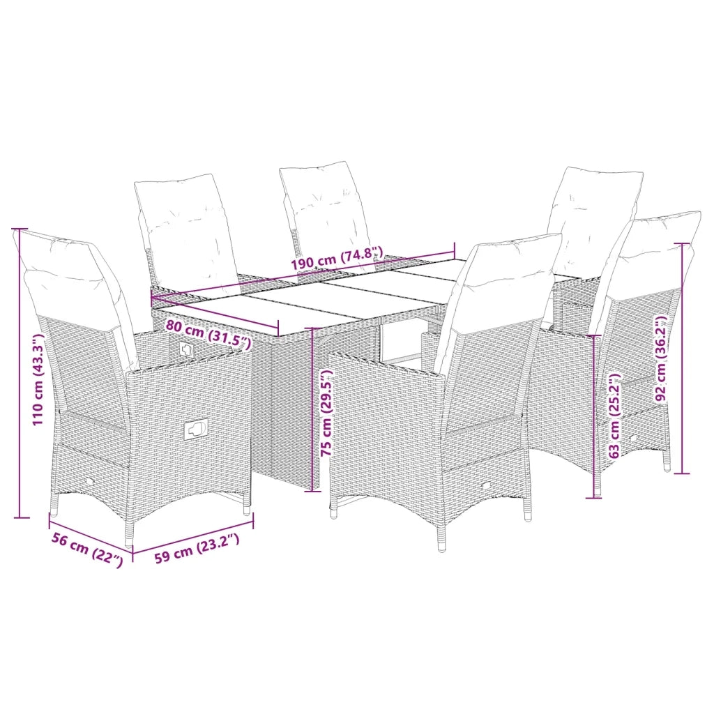 Set Bistrò da Giardino 7 pz con Cuscini in Polyrattan Marrone