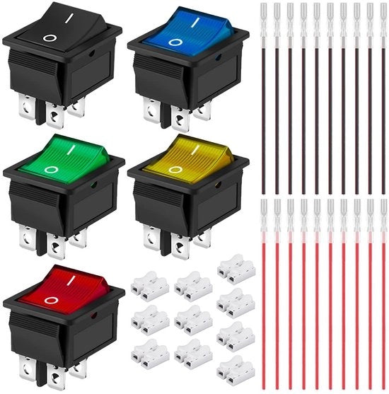 Mini Interruttore DPST - Azzero/On con LED - 16A/250V - Nero, Rosso, Verde, Giallo, Blu - Adatto per diverse applicazioni elettriche