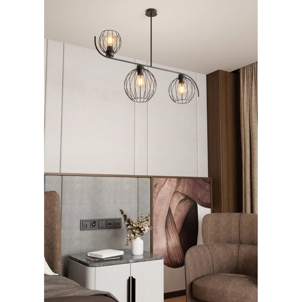 Lampadario Industrial 3 Luci Tyr In Acciaio Nero Paralumi A Gabbia