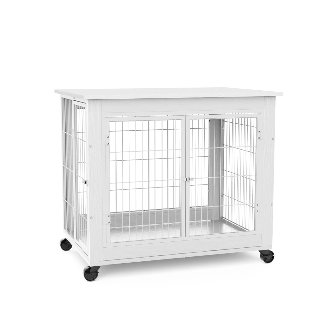 Cassa per cani in stile mobile con doppia porta, apertura superiore ribaltabile, ruote, pannelli in truciolare e acciaio bianco 80 × 56 × 69.5 cm