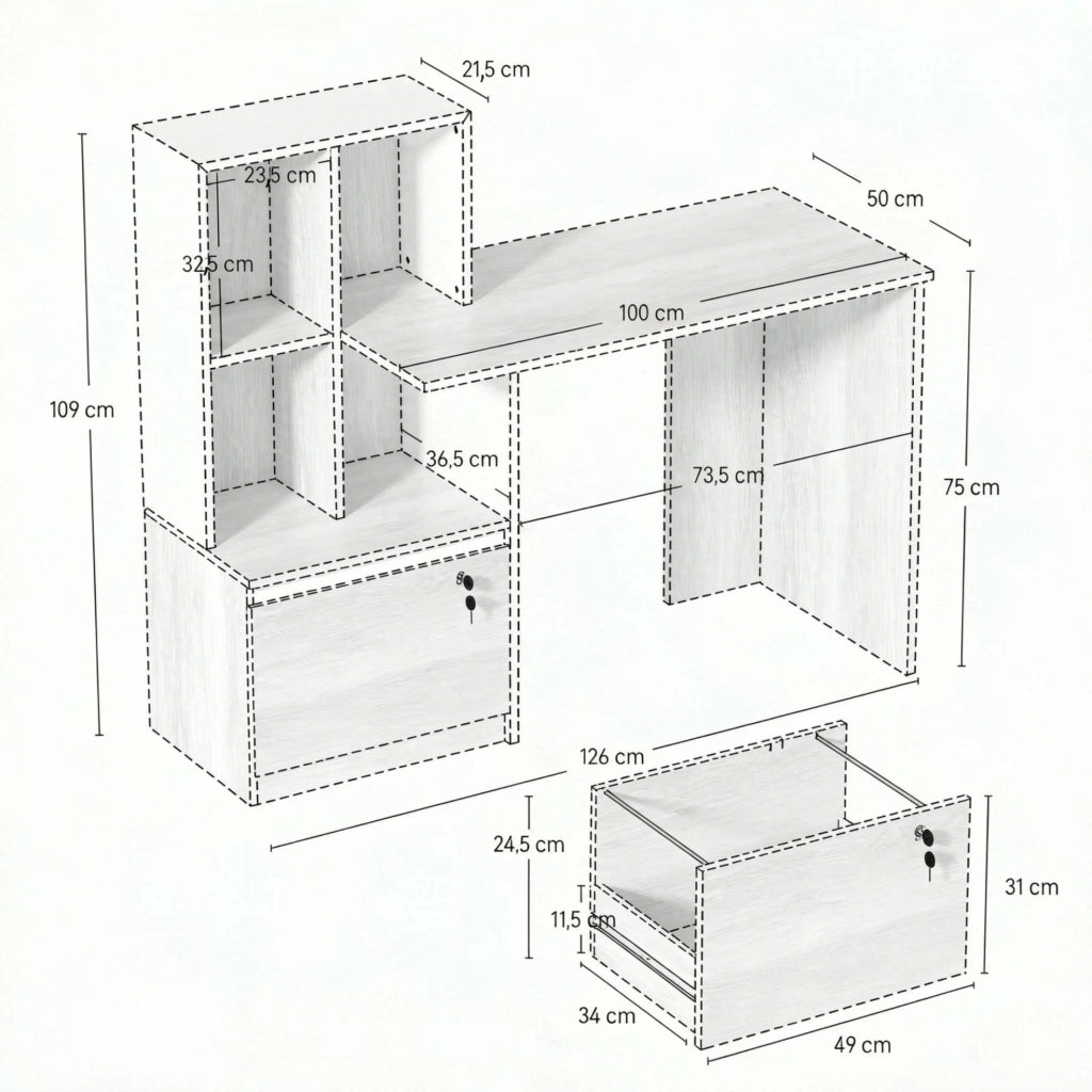 Scrivania per computer con libreria 4 vani e cassetto con serratura, bianco e rovere chiaro