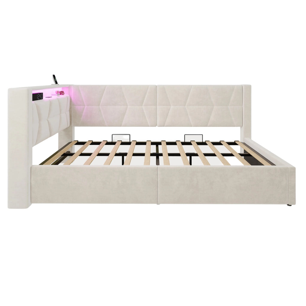 Letto imbottito 90x200 cm con contenitore, LED, USB e Type-C