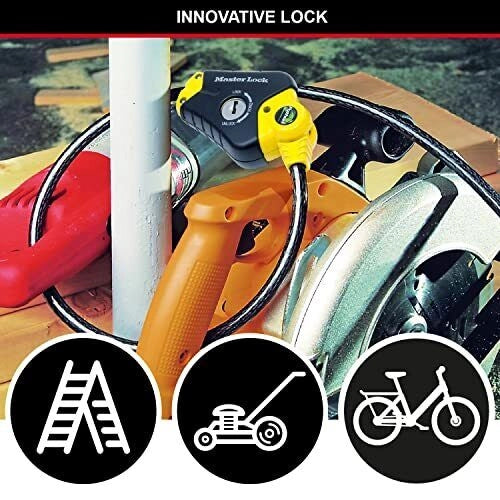 Master Lock 8420EURD Cavo di Sicurezza Regolabile Python 4.5 m x 10 mm acciaio intrecciato con chiave a tamburello 4 chiavi incluse colore Nero e Giallo