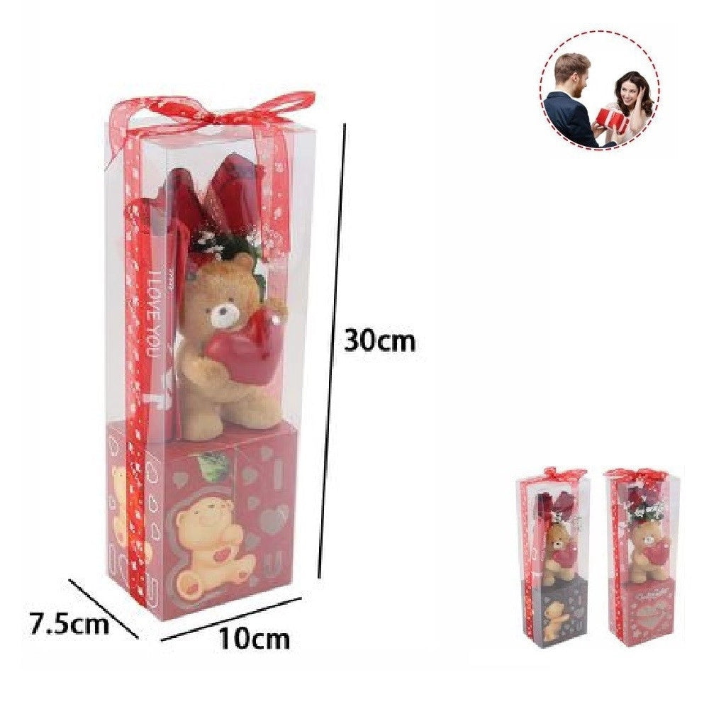 Trade Shop - Orsetto Con Cuore Fiori Confezione Regalo Per San Valentino 10x7.5x30 Cm 63303 -