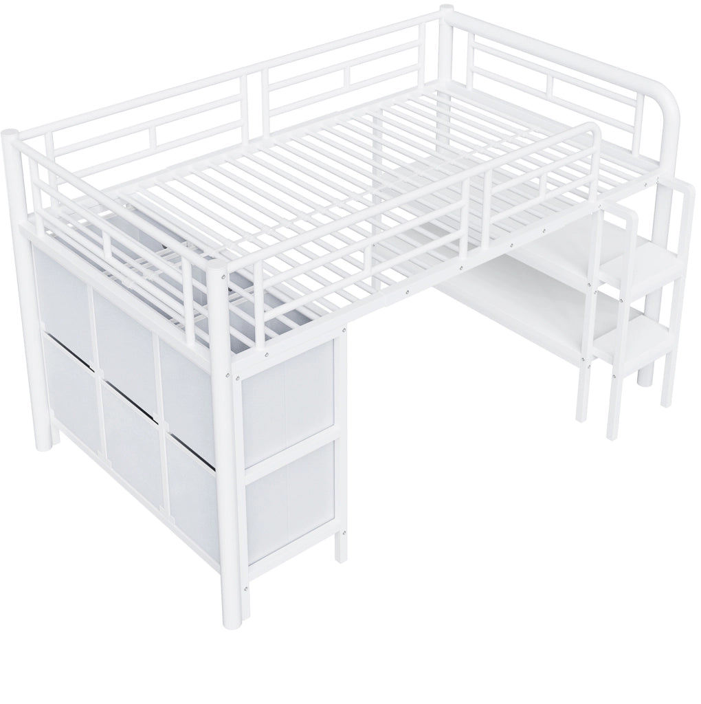 Letto a soppalco basso per bambini 90x200 cm in metallo con scale; cassetti e ripiani; bianco