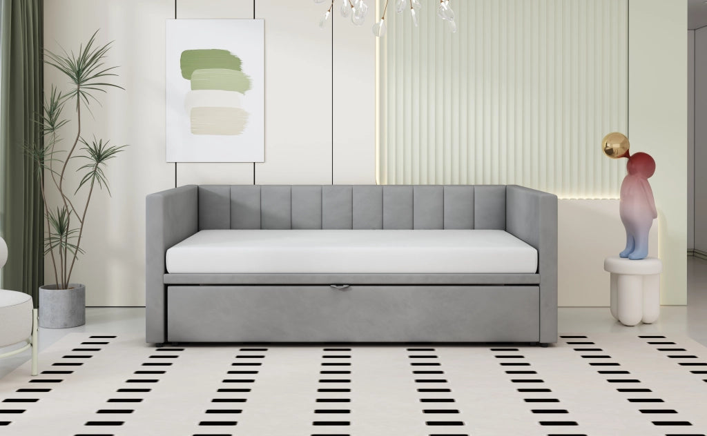 DESMIU Letto estraibile 90 × 200 cm e 180 × 200 cm 1 posto con rete, senza materasso, in velluto grigio