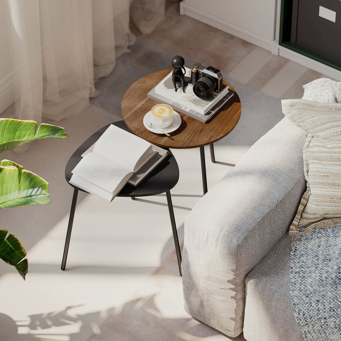 Set 2 Tavolini da Salotto Impilabili con Telaio in Metallo Noce e Nero