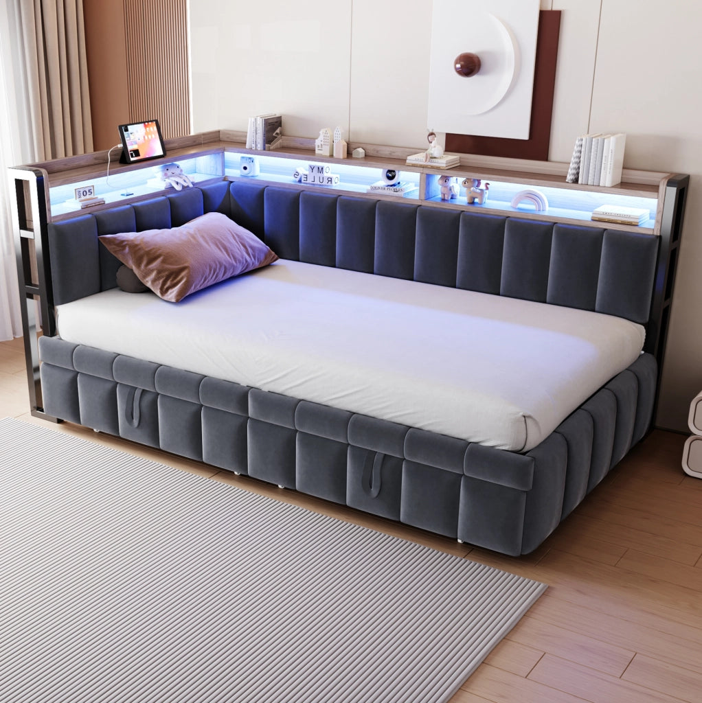 Divano letto 90x200 cm con letto estraibile, LED, USB e vani contenitivi