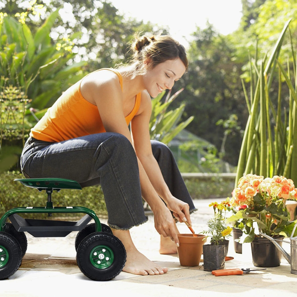 Carrello da giardino maneggevole con manico estensibile cesto portaoggetti, Sedile da lavoro rotolante Altezza 48-53cm