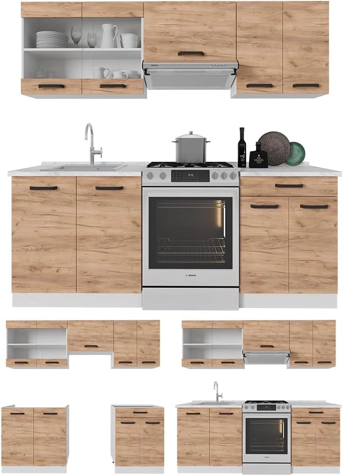 Cucina componibile R-Line, Quercia dorata/bianco, 200 cm senza piano di lavoro