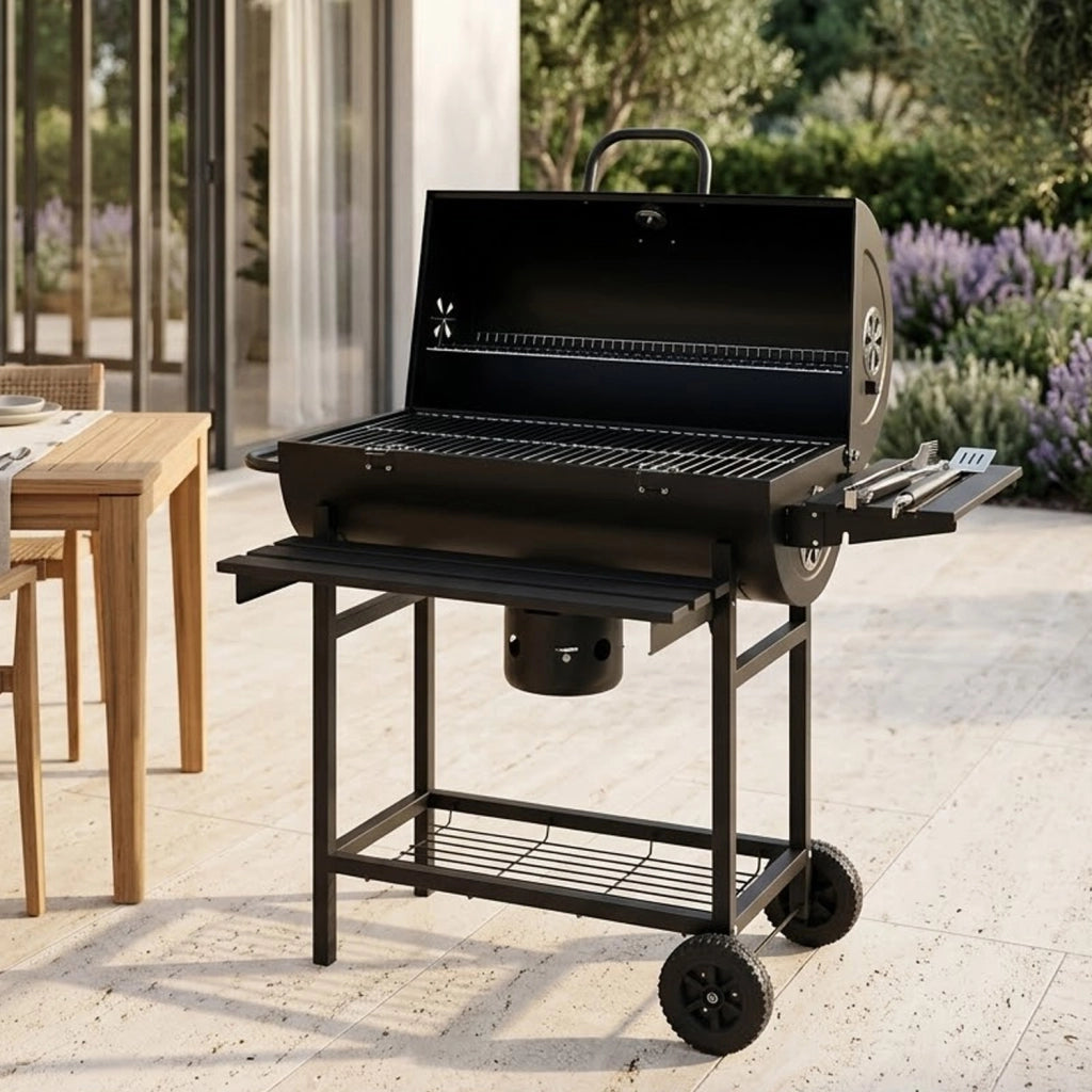 Barbecue A Carbone Con Coperchio Termometro Integrato Grill BBQ In Acciaio Nero