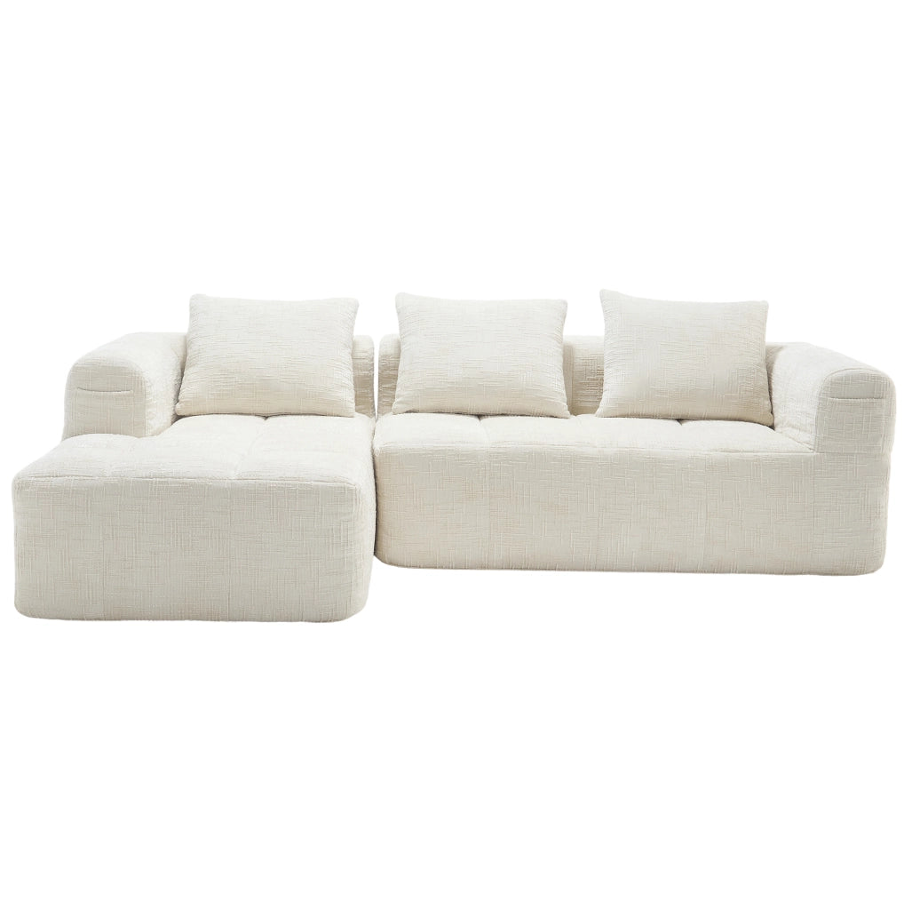 Divano componibile in ciniglia con chaise longue; 3 cuscini; senza montaggio; beige