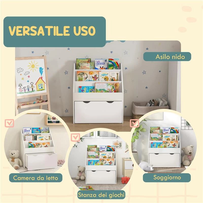 LIBRERIA PER BAMBINI 3-8 ANNI A 3 RIPIANI CON CASSETTO INFERIORE, IN MDF, 62.5X30X70 CM, BIANCO