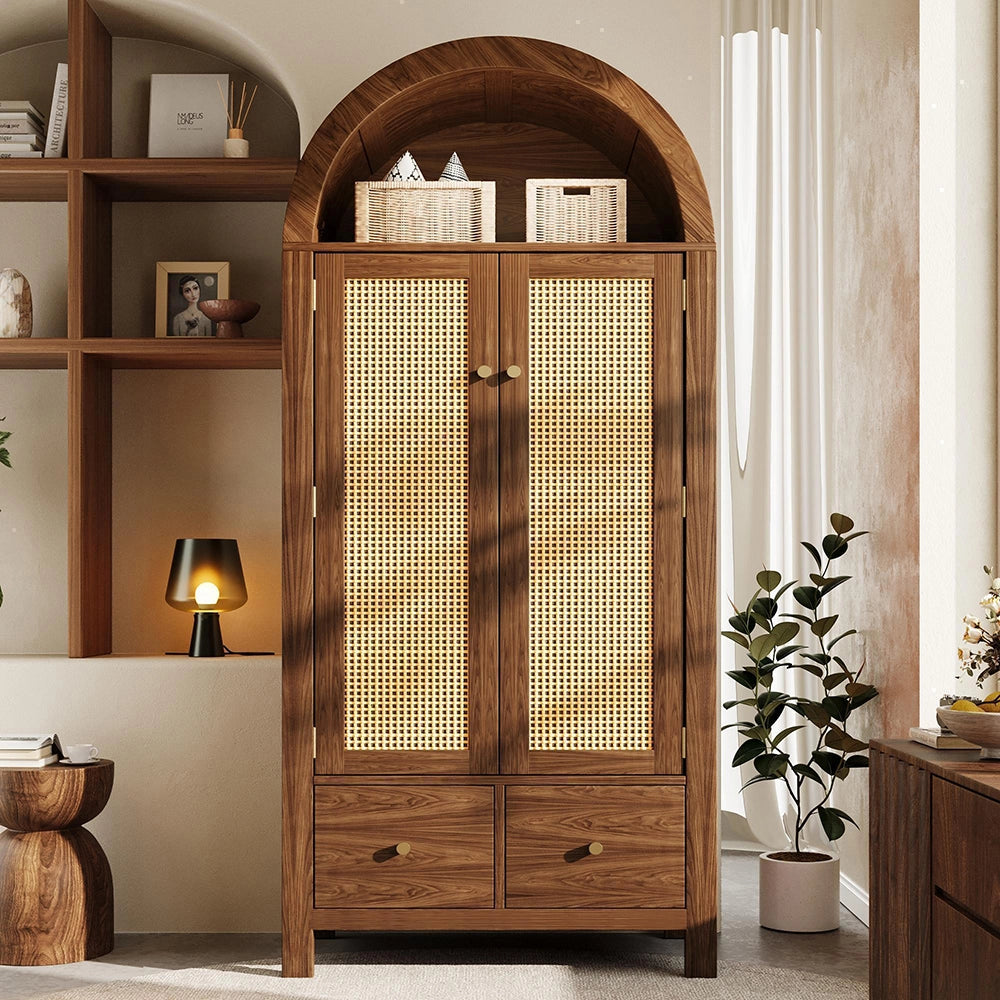 Armadio per soggiorno - Xylo - 181x78x45 cm - Aspetto noce - Tressatura in rattan, 2 ante magnetiche, 2 cassetti