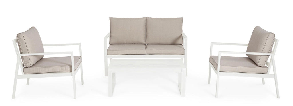 Set 4 Pezzi Salotto da Giardino con Divano 2 Poltrone e Tavolino in Alluminio e Spun Poly Hilde Bianco